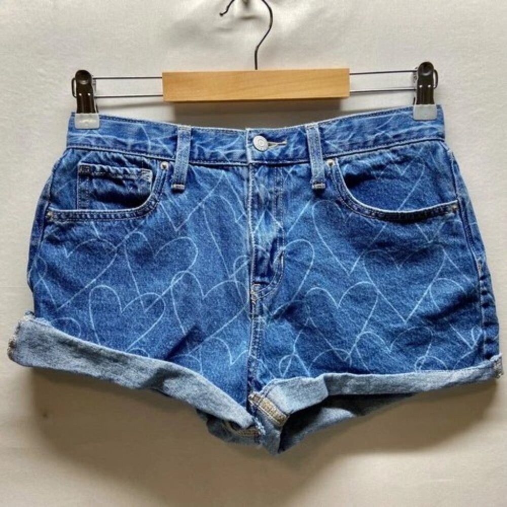 Old Navy Jean Shorts Girls 12 Plus 12+ Blue Hearts High Rise Cuffed Denim EUC